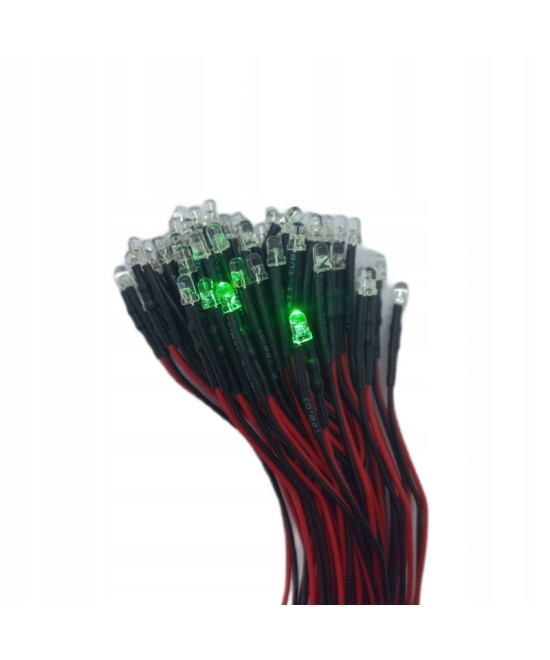Dioda LED 3mm 12v z przewodami 20cm - zielona