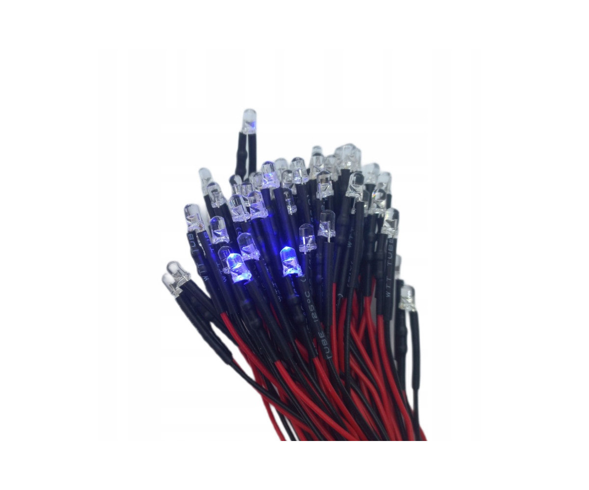 Dioda LED 3mm 12v z przewodami 20cm - niebieska