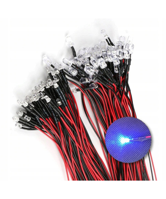 Dioda LED 3mm 12v z przewodami 20cm - niebieska