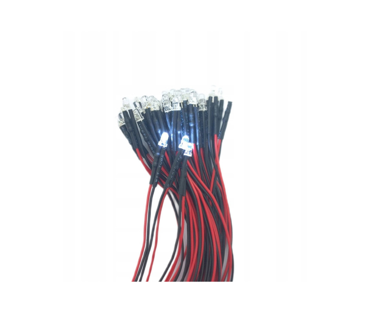 Dioda LED 3mm 12v z przewodami 20cm - biała zimna