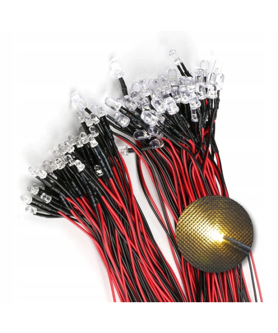 Dioda LED 3mm 12v z przewodami 20cm - biała ciepła